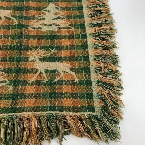 Christmas Tree Reindeer Fringe Afghan Blanket Green Gold - Picture 2 of 3